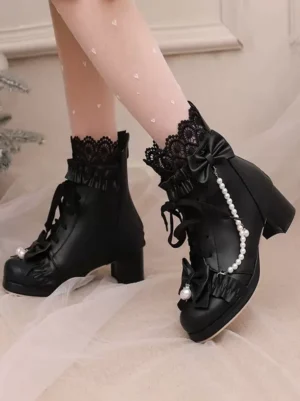 Black sweet lolita ankle boots side profile chunky block heel pearl chain decoration bow accents sheer socks