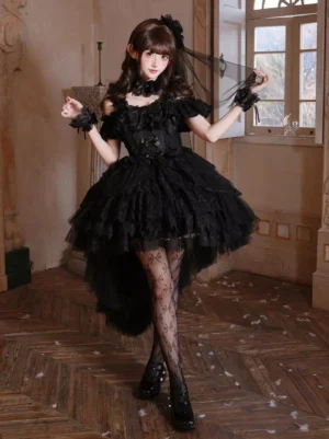 Black Gothic lolita dress cold-shoulder ruffle layered tulle skirt full front view with lace details
