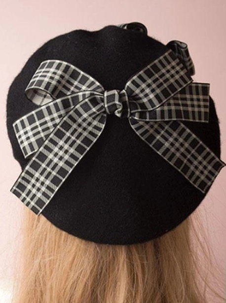 Black lolita beret back view large gingham plaid bow black wool fabric rear angle detail