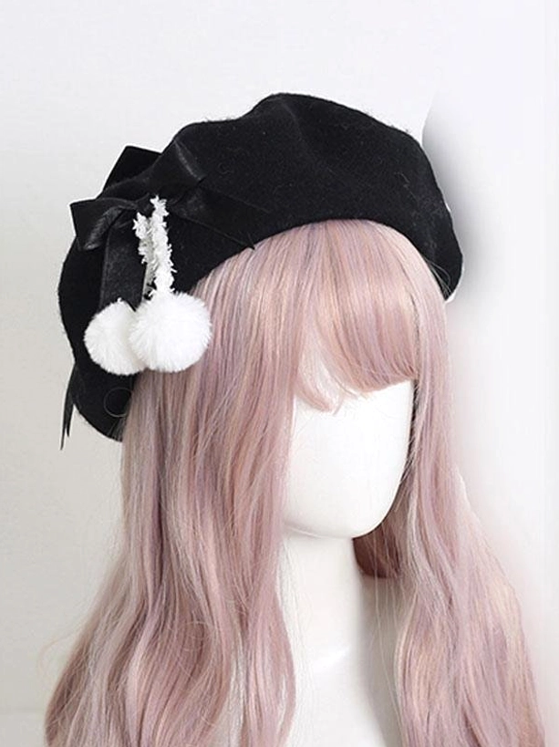 Black lolita beret hat with black satin bow and white pom-pom embellishments, woolen texture