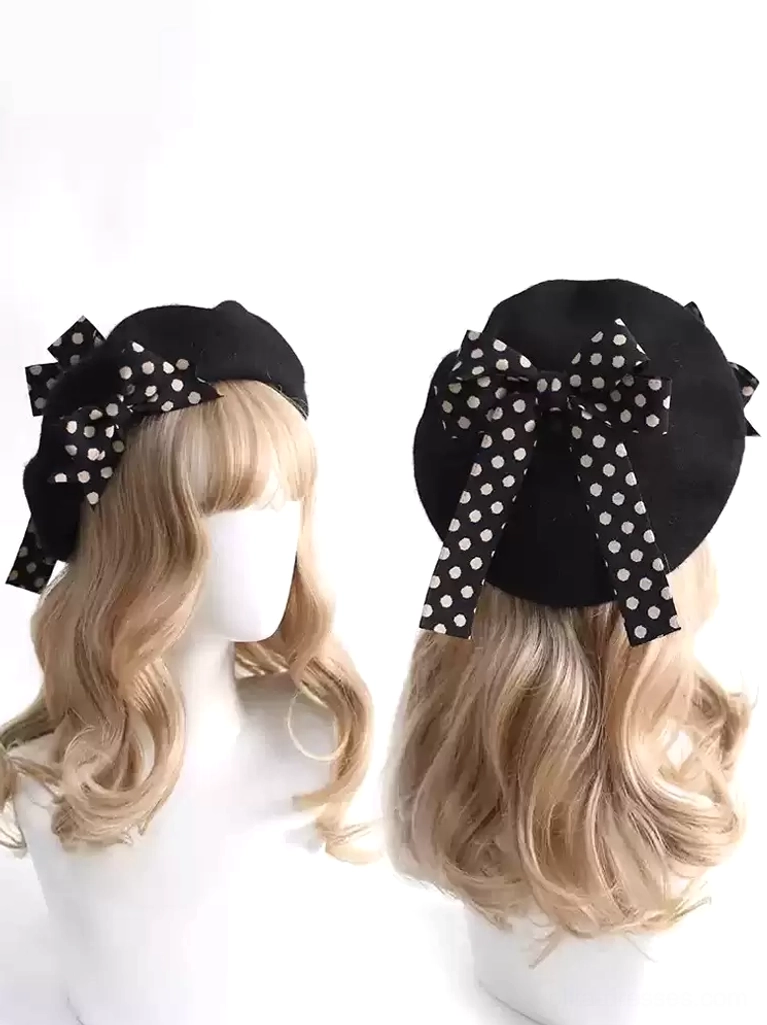 black lolita beret with white polka dot ribbon bow sweet lolita accessory front back view