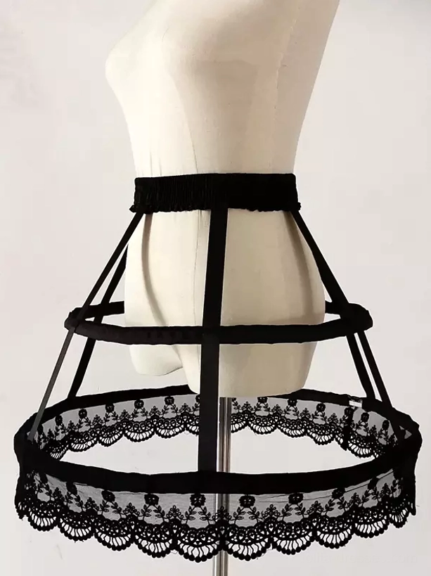 Black Lolita birdcage petticoat left side three-quarter view showing intricate black floral embroidered lace hem detail