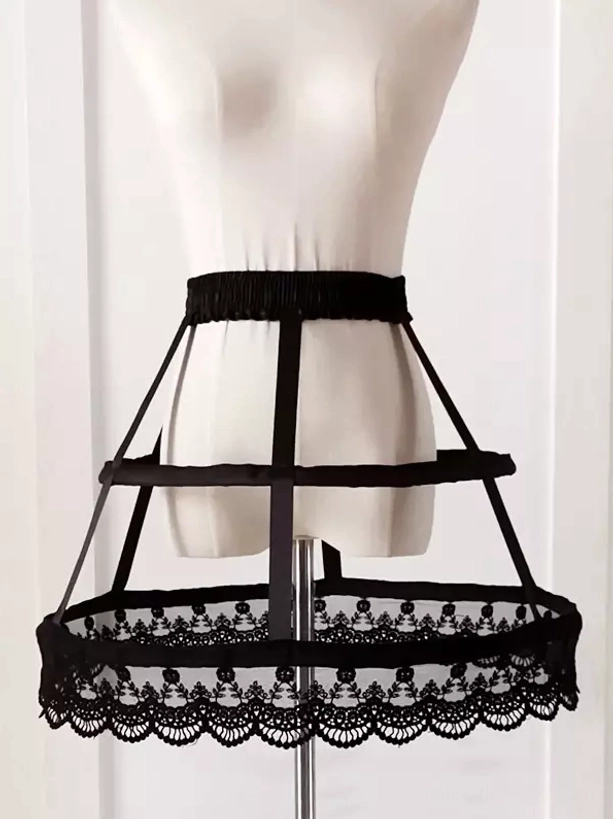Black Lolita birdcage petticoat front flat view with all black construction dual hoop frames and black scalloped lace hem