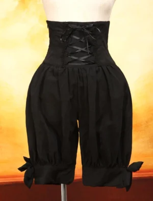 Black Lolita high-waisted cotton bloomers front view featuring lace-up waist closure, decorative bows on leg cuffs, and pleated bloomer-style silhouette displayed on mannequin