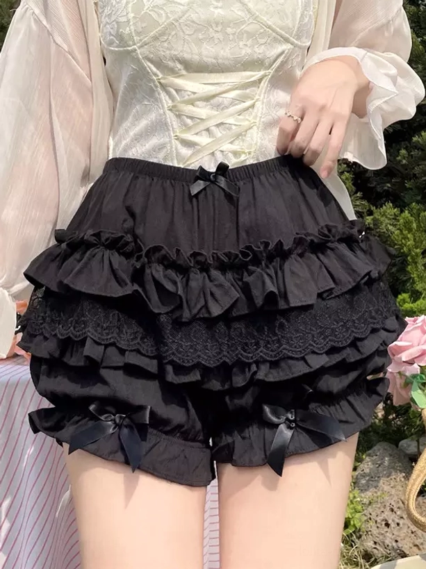 Black lolita bloomer shorts front view solid black lace-inlaid ruffles satin bows corset crop top set outdoor