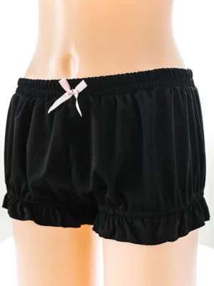 Black lolita bloomer shorts with layered ruffles and pink bow accent, displayed on mannequin showing full front silhouette and hem construction