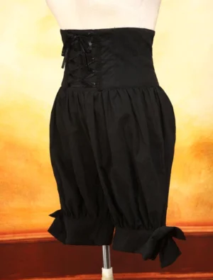 Black Lolita bloomers side view showcasing ruched waist panel, side lace-up detail, visible bow trim on outer cuff, and voluminous leg construction for authentic Prince-style aesthetic