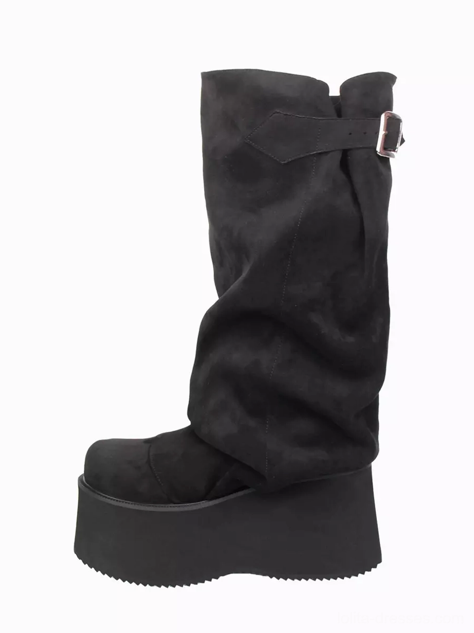 Single black gothic lolita boot right profile view showcasing collar buckle strap, thick wedge heel platform, slouchy shaft construction, and grommet accents