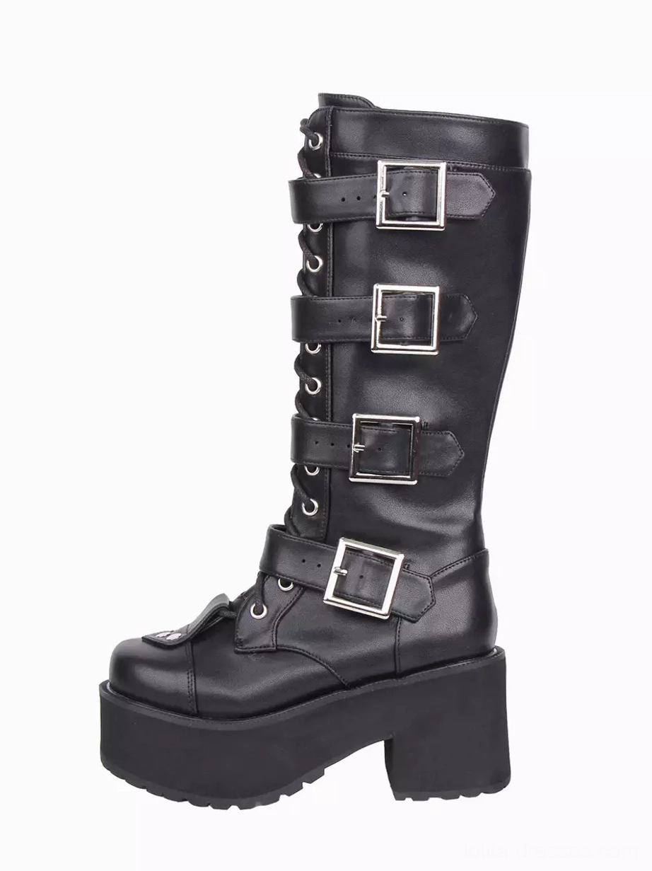 Single black Gothic Lolita boot right side three-quarter view displaying round closed toe chunky platform sole and multiple belt buckles