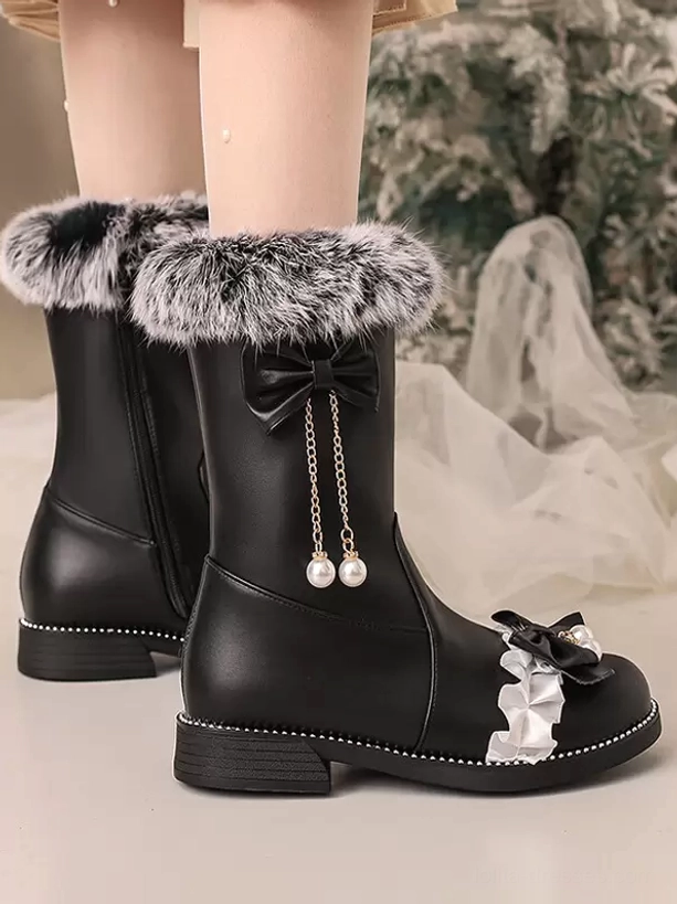 Black lolita short mid-calf boots showcasing grey fuzzy collar, pearl tassel black bow, and smooth black PU leather texture, back three-quarter view