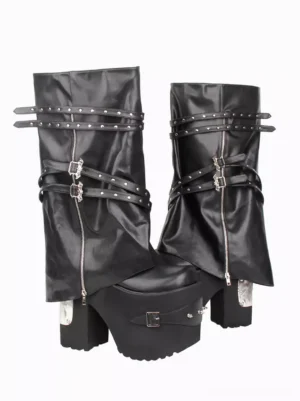 Black studded platform Lolita boots crossed buckle straps direct front pair view