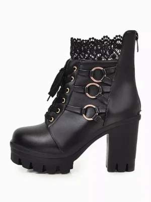 Black lace lolita ankle boots side view displaying back zipper fuzzy plush lining and thick block platform heel for gothic fashion