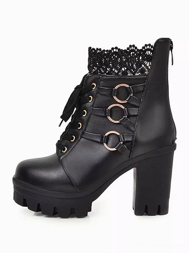 Black lace lolita ankle boots side view displaying back zipper fuzzy plush lining and thick block platform heel for gothic fashion