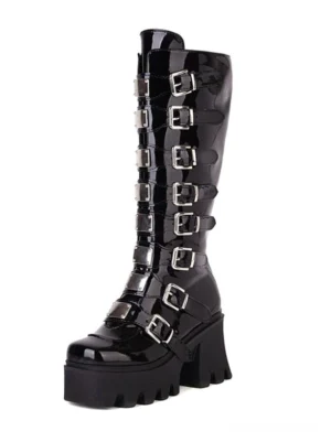 Black PU leather Lolita mid-calf boots side three-quarter view displaying tall boot shaft with vertical buckle strap arrangement and round toe design
