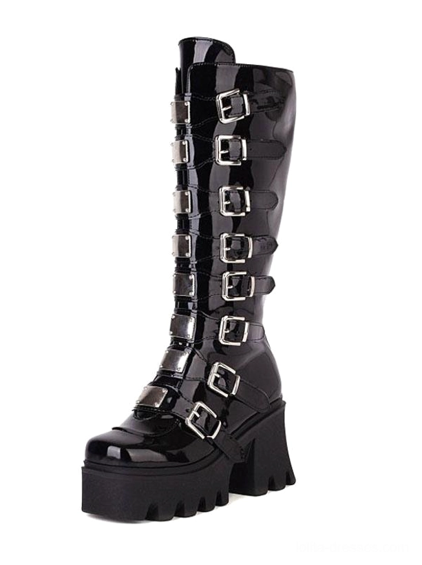 Black PU leather Lolita mid-calf boots side three-quarter view displaying tall boot shaft with vertical buckle strap arrangement and round toe design