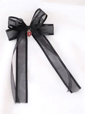 black-lolita-bow-hair-accessory-red-heart-cross-charm-flat-lay-front-view-organza-ribbon