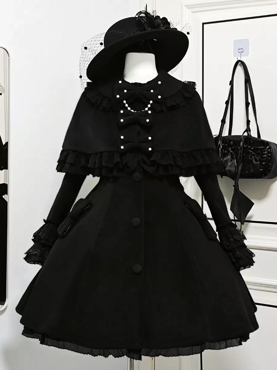 Black sweet lolita cape coat front flat display with pearl chain decor ruffled lace cape buttoned front styled with vintage hat and handbag