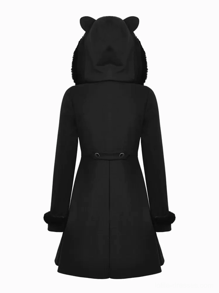 Black Lolita cat-ear overcoat back full-body product view showing solid black cat-ear hood, fur-trimmed cuffs, tailored back waist and flared hem detail