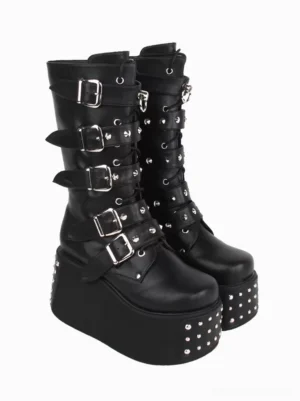 Gothic combat style Lolita boots left three-quarter angle displaying lace-up boot collar silver buckle hardware and metallic studded thick platform