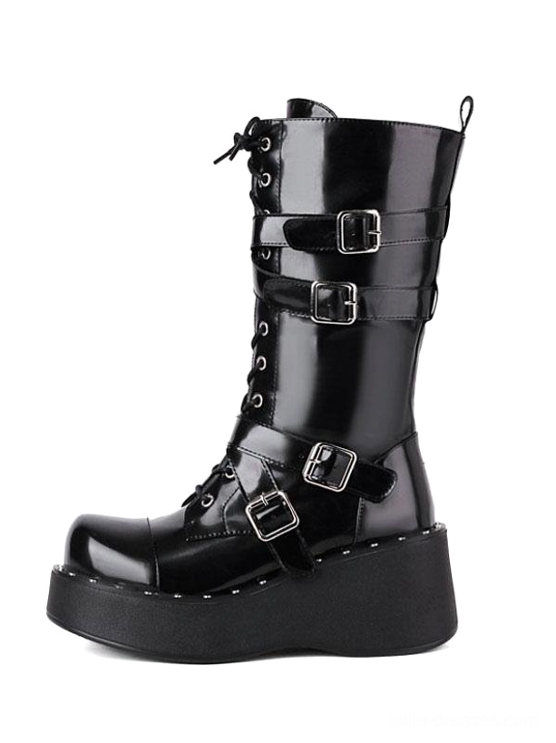 Mid-calf black patent leather Lolita combat boots side three-quarter angle studded platform sole