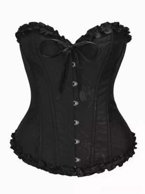 Black strapless lolita corset with jacquard fabric, ruffled edges, front button closure and chest bow embellishment, front flat lay