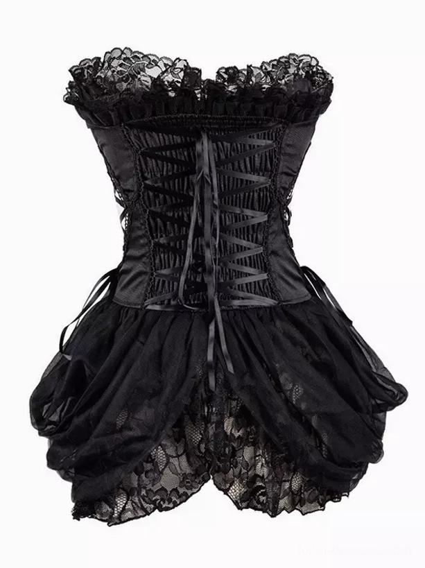 Black lolita corset dress featuring strapless sweetheart neckline with lace trim, front lace-up corset bodice and voluminous layered black tulle skirt
