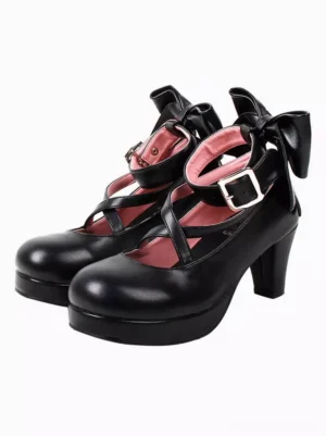 Black Lolita cross-strap platform pumps with pink lining and decorative rear bow embellishment three-quarter view