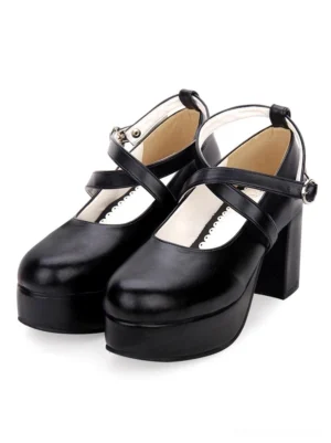 Black matte leather lolita cross-strap platform pumps front three-quarter angle featuring thick platform heel and adjustable straps for secure fitting