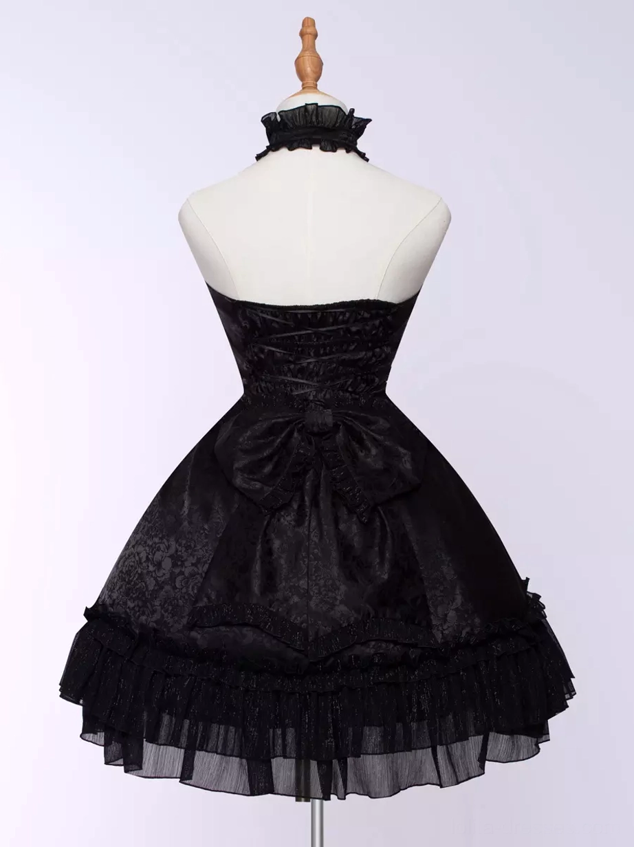 Black sleeveless lolita dress full ensemble styling with coordinated choker, bowknot, and oversleeves Gothic components