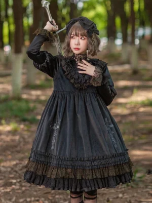 Classical black lolita dress with tiered ruffled hem, embroidered cross pattern, delicate lace collar detail, front full-body shot
