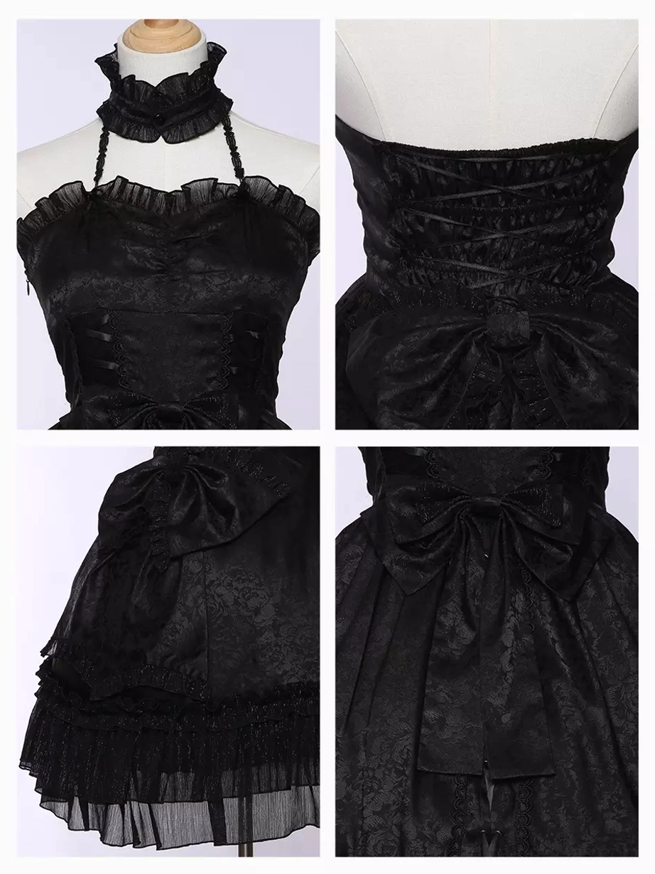 Black lolita dress floral accessory coordination and tea party styling inspiration with dramatic silhouette presentation
