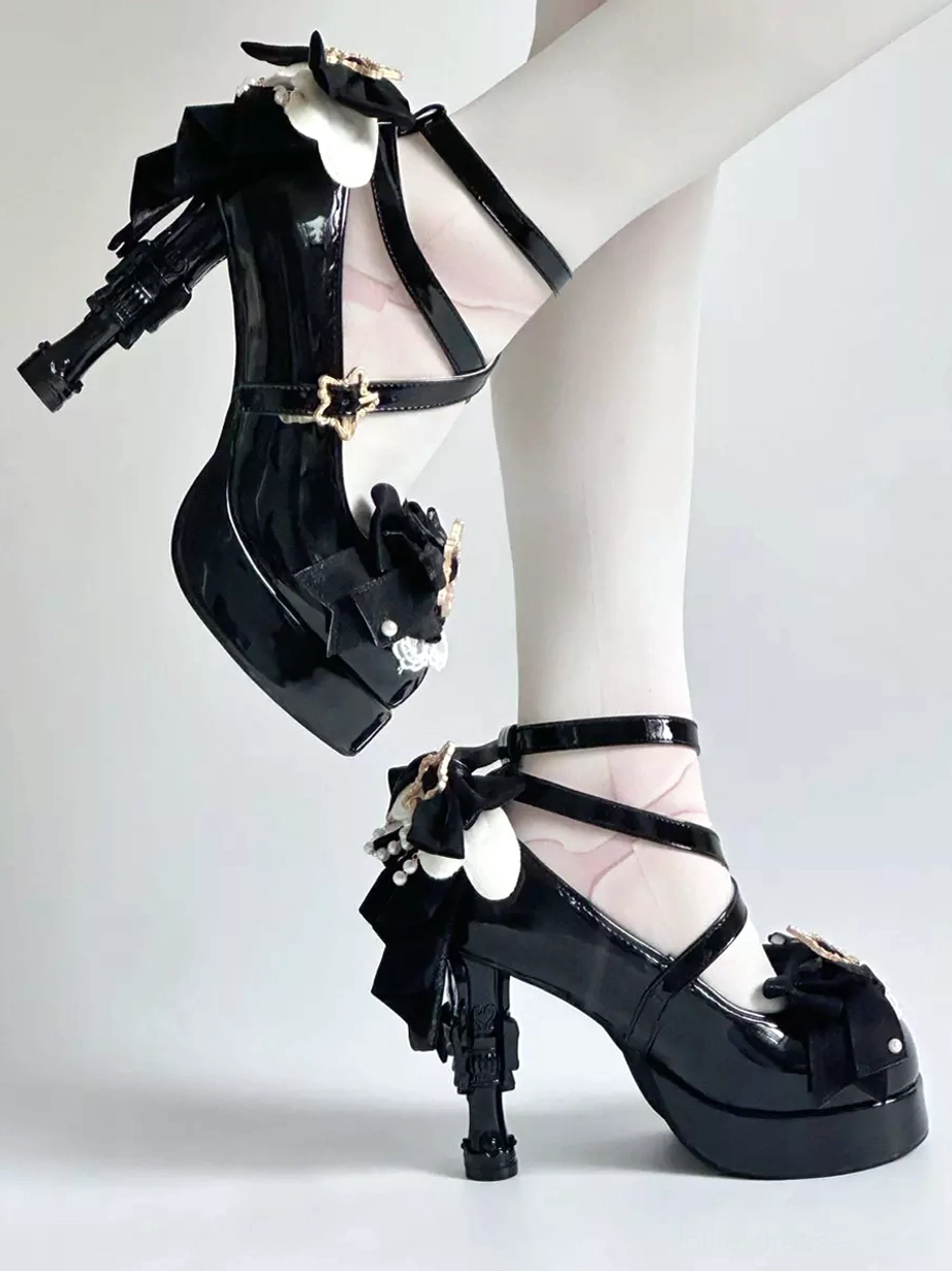 Black lolita gun-shaped heel shoes featuring patent finish, crisscross straps, unique architectural high heel design, star buckles, and decorative back bows