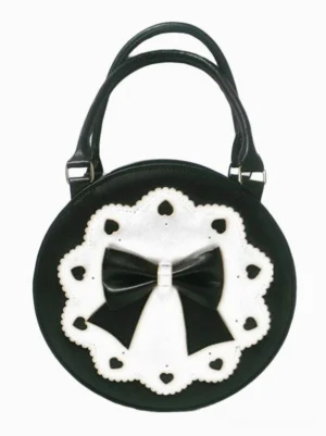 Classic black round lolita handbag with hollow heart-shaped lace cutout pattern and black ribbon bow decoration front view