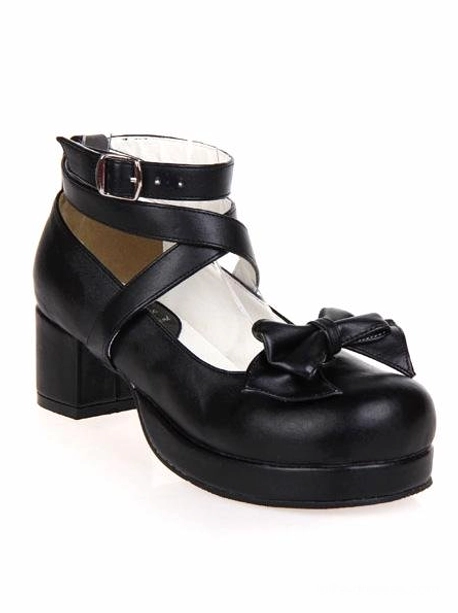 Black lolita heel side three-quarter view showcasing block heel silhouette, front bow decoration, cross ankle straps, and rounded toe shape