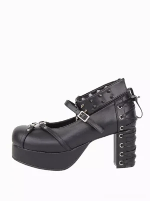 Left side three-quarter view of black lolita platform heels showing lace-up heel construction chunky sole and metallic rivet ankle strap details
