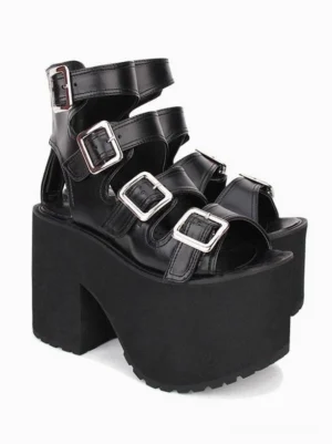 Black Lolita high heel sandals front three-quarter view displaying adjustable buckle straps and thick block platform