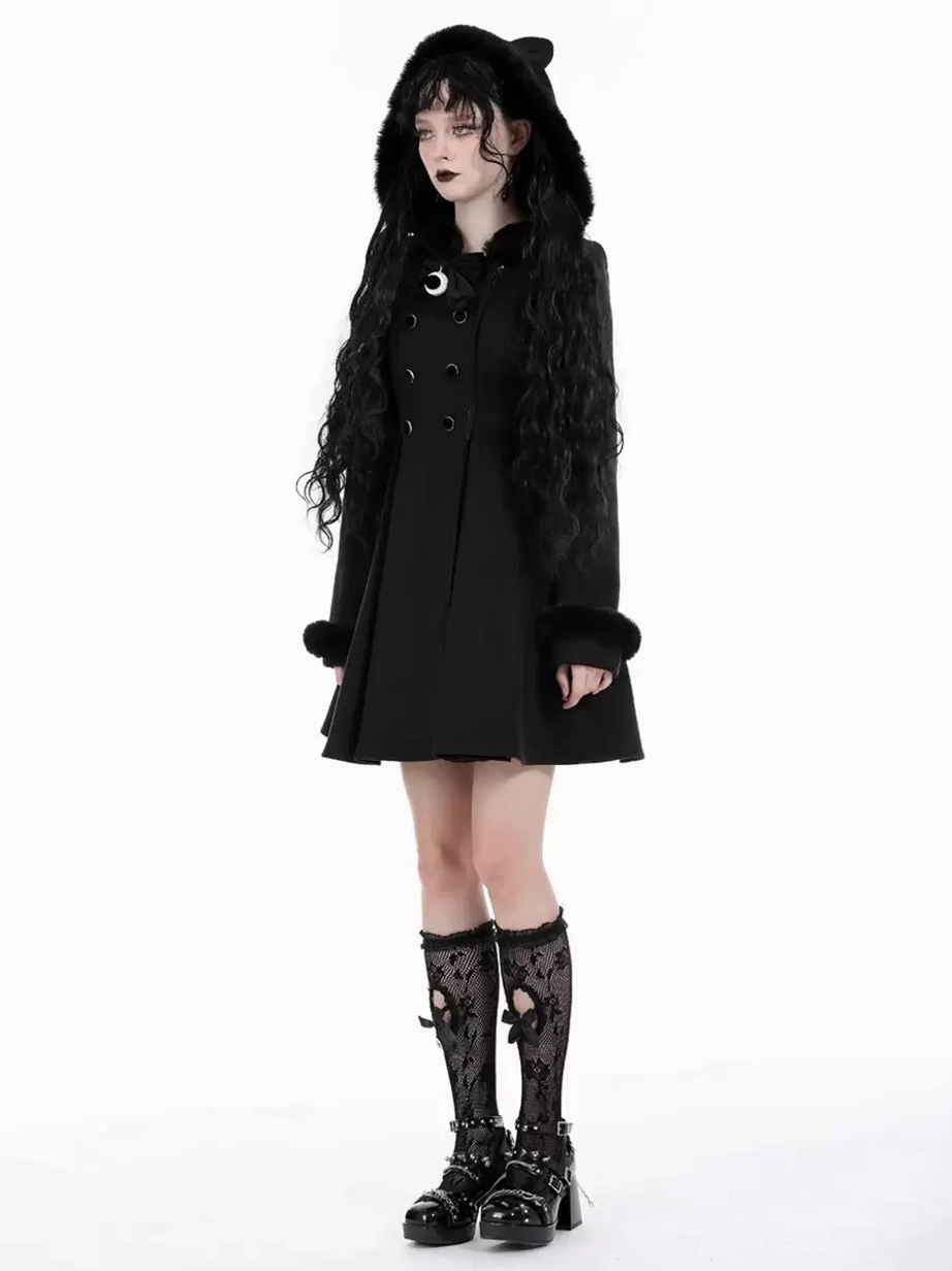 Hoodless black Lolita winter coat front full-body shot showing fitted A-line skirt with fur collar and double-breasted front on twin-tail model