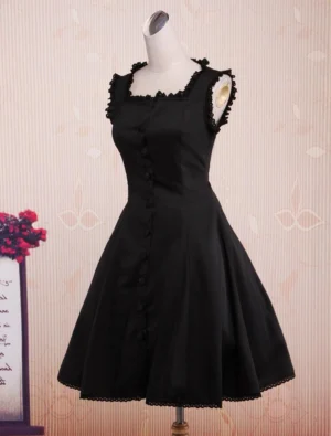 Black lolita jumper skirt three-quarter left side view fitted waist flared hem lace neckline details