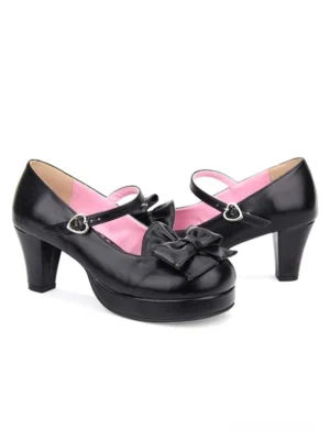 Black Lolita Mary Jane high heels with heart-shaped buckle strap and bow decor, featuring pink inner lining and platform block heel design