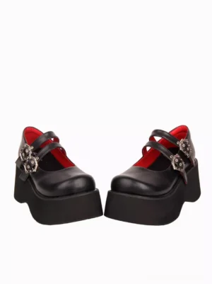 Black lolita platform Mary Jane pumps side three-quarter angle with chunky heel red interior lining