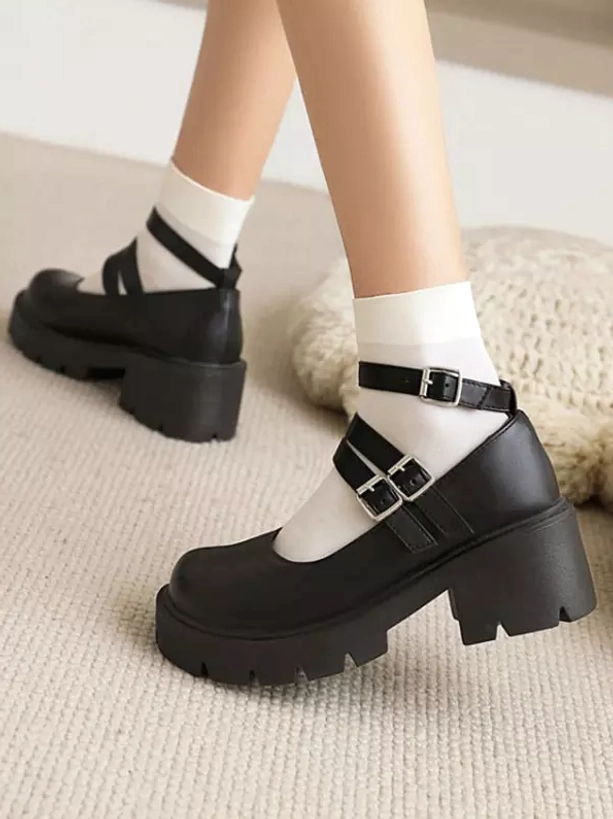 Black Mary Jane lolita platform shoes side profile showing adjustable ankle buckle straps and chunky heel block design