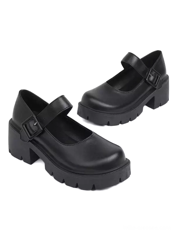 Black Mary Jane Lolita pumps three-quarter flat lay glossy pu leather lug block heel design