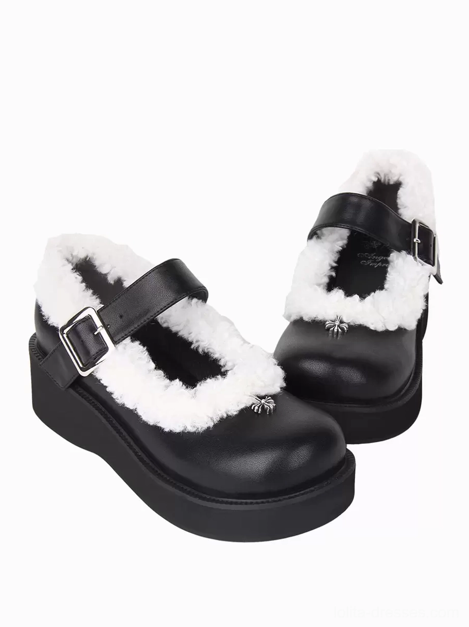 Black Mary Jane Lolita platform pumps slightly elevated side view displaying right strap buckle and ornamental silver toe metal accents