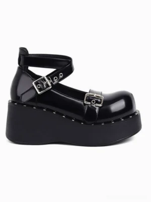Single black platform Lolita shoe side three-quarter angle displaying ankle strap buckle, thick polished wedge sole, and meticulous craftsmanship details