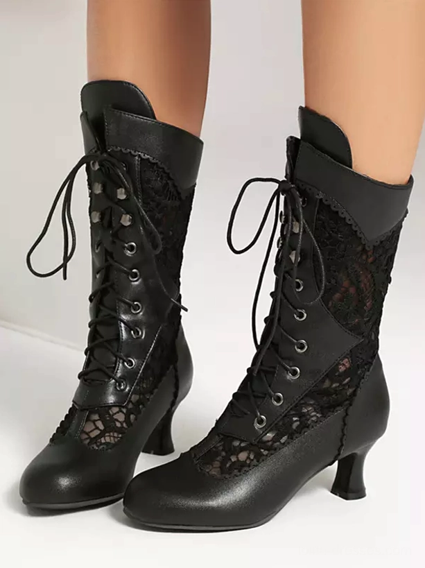 black lolita boots direct frontal flat view round toe front lace-up floral lace detail authentic styling