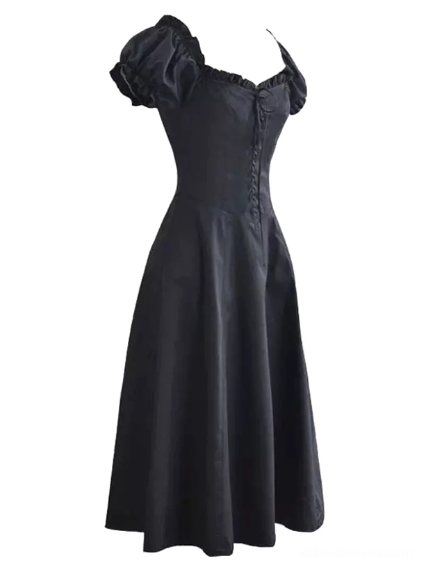 Black vintage Lolita dress with small square neckline, voluminous puff sleeves, fitted waist and graceful skirt proportions