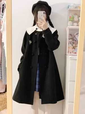 Black lolita overcoat side view paired with plaid skirt, contrast white collar, double-breasted buttons, worn with black beret in fitting room