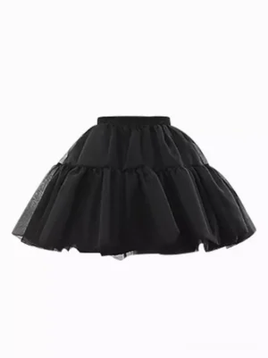 Close-up detail of black soft gauze petticoat elastic waistband and layered ruffled skirt construction