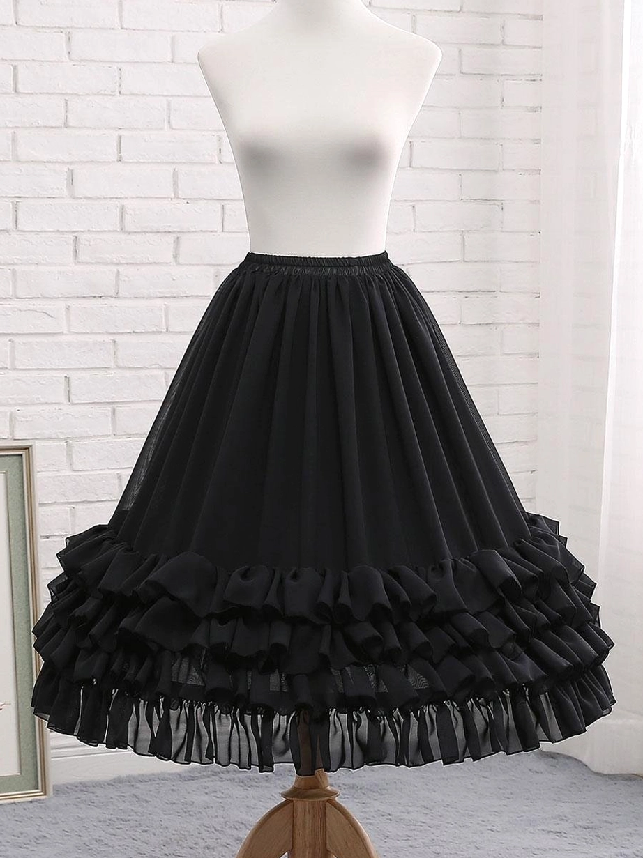 Black lolita petticoat gothic style multi-layered ruffle hem front view elegant dark aesthetic alternative
