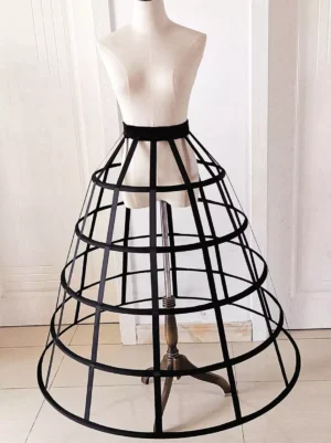 Black lolita petticoat side three-quarter angle view displaying multi-layer circular hoops and elastic waist structure